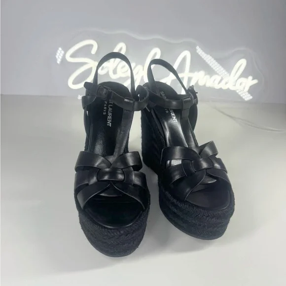 Saint Laurent Tribute Wedge Espadrilles Black Leather Platform Designer Sandals - Picture 7 of 10